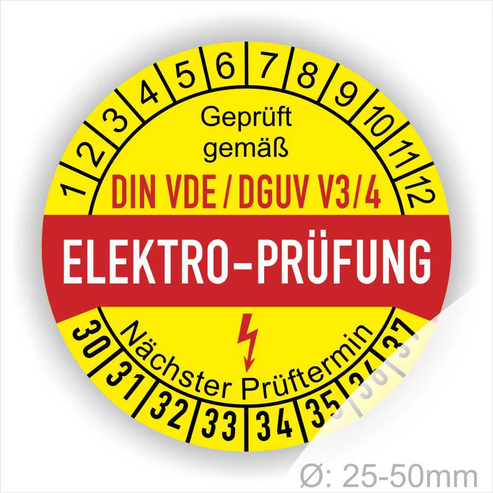 Sicherheitsprüfung Aufkleber für Elektrogeräte, geprüft gemäß DIN VDE/DGUV V3/4, mit Informationen zum nächsten Prüftermin und Durchmesser von 25-50 mm.