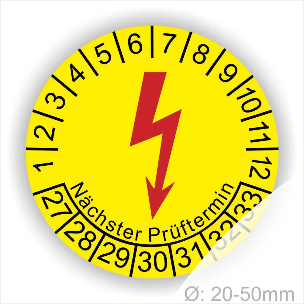 Runde gelbe Elektro-Check Prüfplakette mit rotem Blitzsymbol, Monatsring und Jahresring sowie Aufdruck „Nächster Prüftermin“, Ø 20–50 mm