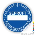 Runde blaue Prüfplakette „GEPRÜFT“ mit Beschriftungsfeld, Monatsring und Jahresring zur Kennzeichnung geprüfter Geräte und Anlagen, Ø 20–50 mm