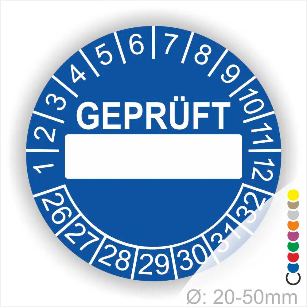 Runde blaue Prüfplakette „GEPRÜFT“ mit Beschriftungsfeld, Monatsring und Jahresring zur Kennzeichnung geprüfter Geräte und Anlagen, Ø 20–50 mm