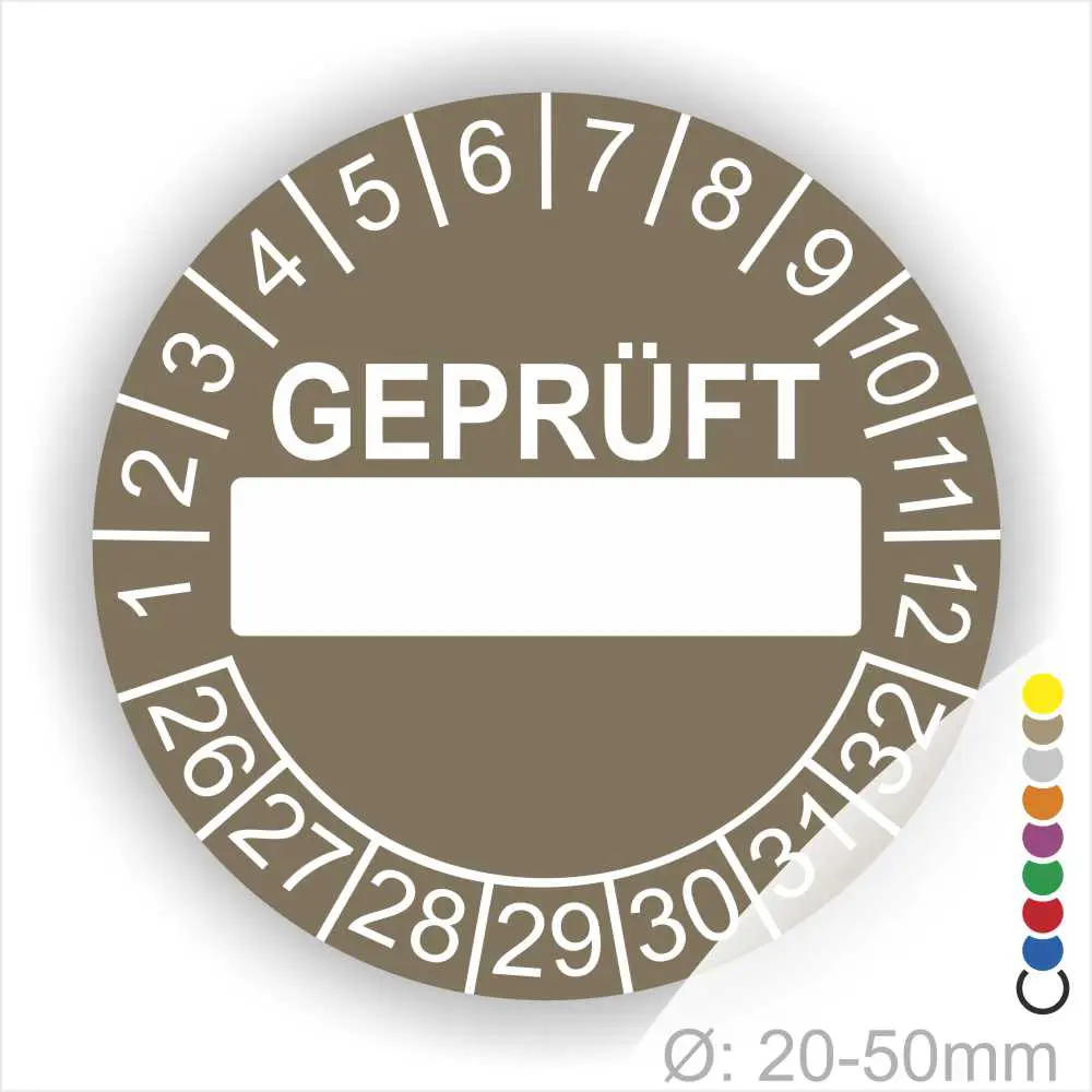 Prüfsiegel mit den Aufschriften "GEPRÜFT" und einer leeren Fläche zur individuellen Beschriftung, geeignet für Objekte mit einem Durchmesser von 20-50 mm.