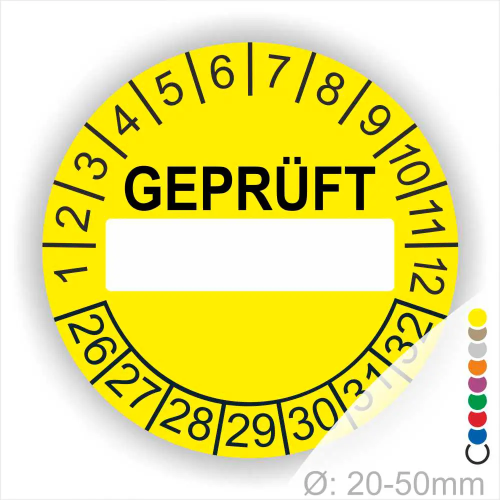 Runde gelb Prüfplakette „GEPRÜFT“ mit Beschriftungsfeld, Monatsring und Jahresring zur Kennzeichnung geprüfter Geräte und Anlagen, Ø 20–50 mm