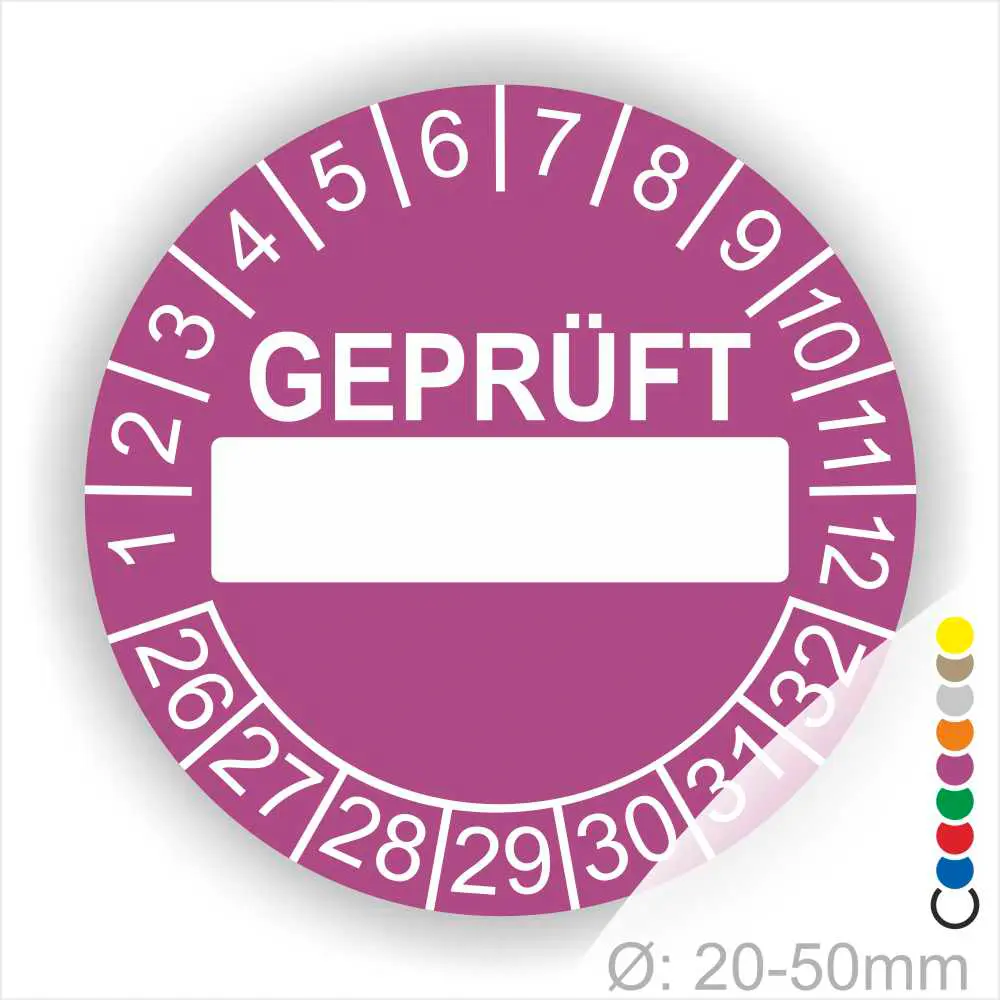 Prüfzertifikat Aufkleber in lila mit der Aufschrift "GEPRÜFT" und Platz für das Datum, geeignet für Durchmesser von 20-50 mm. Ideal für Sicherheitskontrollen und regelmäßige Prüfungen.
