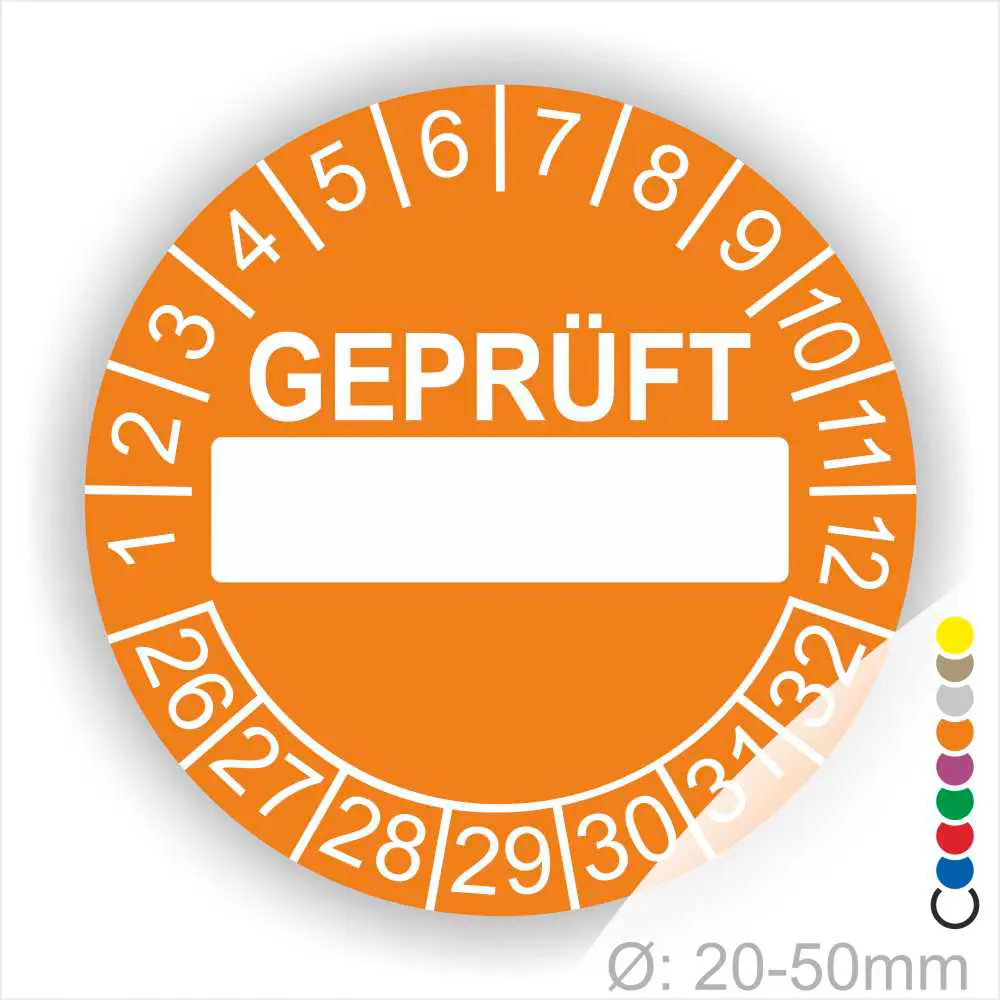 Runde orange Prüfplakette „GEPRÜFT“ mit Beschriftungsfeld, Monatsring und Jahresring zur Kennzeichnung geprüfter Geräte und Anlagen, Ø 20–50 mm