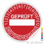 Runde rot Prüfplakette „GEPRÜFT“ mit Beschriftungsfeld, Monatsring und Jahresring zur Kennzeichnung geprüfter Geräte und Anlagen, Ø 20–50 mm.