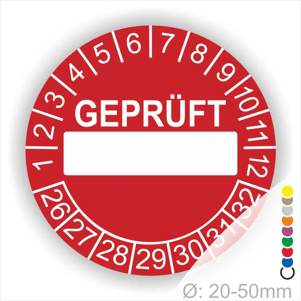 Runde rot Prüfplakette „GEPRÜFT“ mit Beschriftungsfeld, Monatsring und Jahresring zur Kennzeichnung geprüfter Geräte und Anlagen, Ø 20–50 mm.