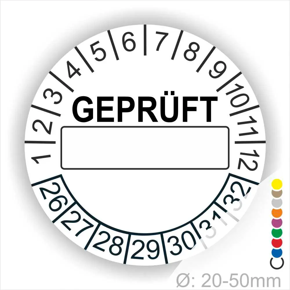 Runde weiß Prüfplakette „GEPRÜFT“ mit Beschriftungsfeld, Monatsring und Jahresring zur Kennzeichnung geprüfter Geräte und Anlagen, Ø 20–50 mm