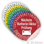 Batterieprüfziffernaufkleber in verschiedenen Farben mit dem Hinweis „Nächste Batterie/Akku Prüfung“, geeignet für Batterien mit einem Durchmesser von 20-50 mm.