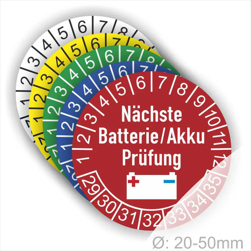 Batterieprüfziffernaufkleber in verschiedenen Farben mit dem Hinweis „Nächste Batterie/Akku Prüfung“, geeignet für Batterien mit einem Durchmesser von 20-50 mm.
