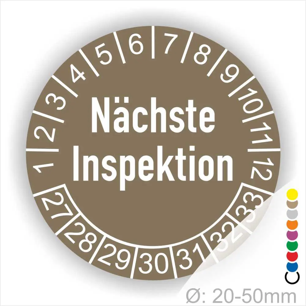Runder Aufkleber zur Anzeige des nächsten Inspektionsdatums, orangebraunZahlen von 1 bis 12 und Jahreszahlen 27-33, Durchmesser von 20-50 mm.