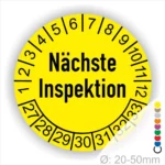 Prüfplaketten, Prüfetiketten rund, Farbe- Gelb, Text "Nächste Inspektion" in Schwarz. Startjahr- 27, Monatszahlen Oben und Jahreszahlen Unten in Kreisform.