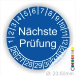 Runder Prüfaufkleber mit der Aufschrift "Nächste Prüfung" und nummerierten Feldern von 1 bis 32, geeignet für Durchmesser 20-50 mm.