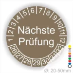 Runder Prüfaufkleber mit der Aufschrift „Nächste Prüfung“ und nummerierten Markierungen von 1 bis 32. Geeignet für Objekte mit einem Durchmesser von 20-50 mm.