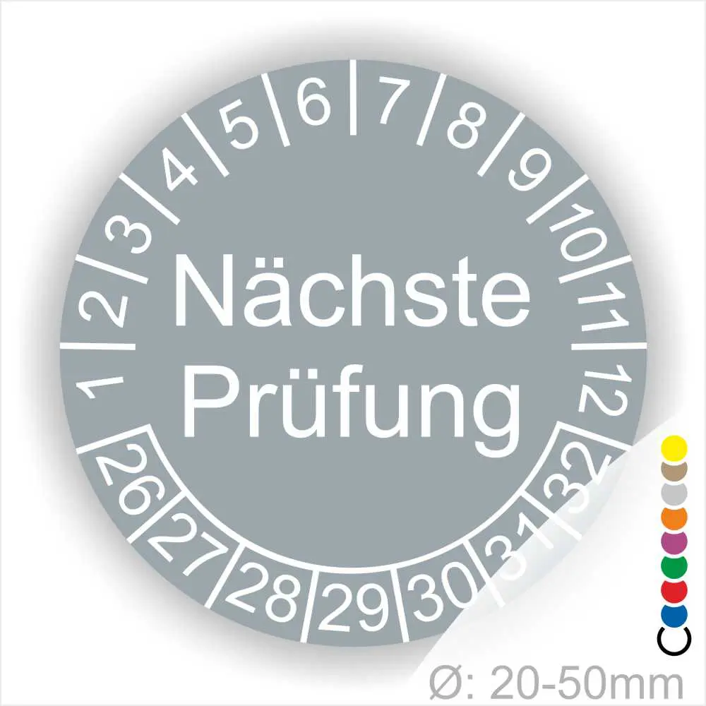 Runde Prüfplakette mit der Aufschrift "Nächste Prüfung" und Zahlen von 1 bis 32, Durchmesser 20-50 mm, geeignet für die Kennzeichnung von Prüfterminen.