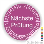 Runder Prüfaufkleber mit der Aufschrift „Nächste Prüfung“ und Nummern von 1 bis 32, Durchmesser von 20-50 mm, in lila Farbe. Ideal für die Kennzeichnung von Prüfintervallen.