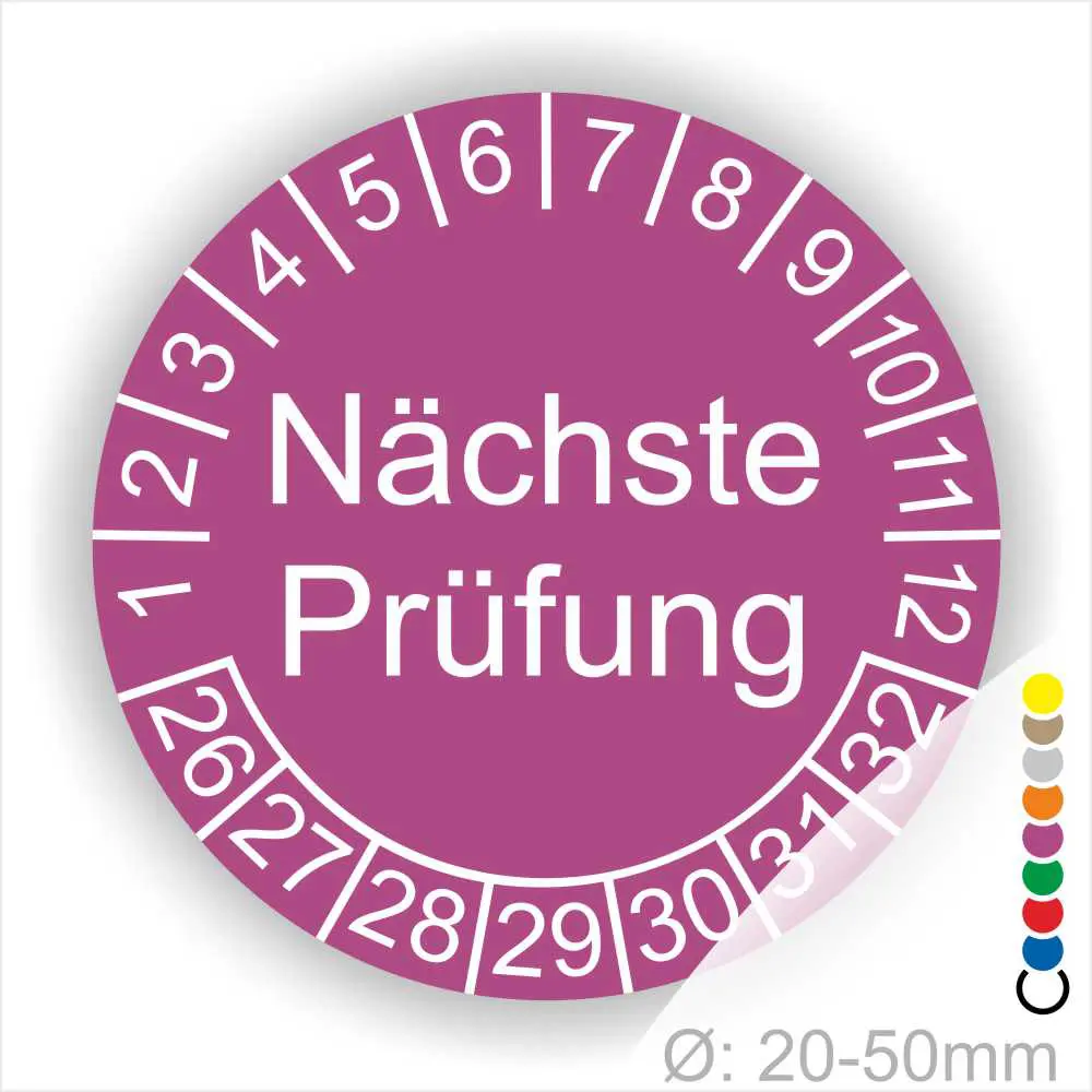 Runder Prüfaufkleber mit der Aufschrift „Nächste Prüfung“ und Nummern von 1 bis 32, Durchmesser von 20-50 mm, in lila Farbe. Ideal für die Kennzeichnung von Prüfintervallen.