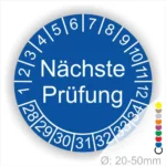 Wartungsaufkleber, Prüfetiketten rund, Farbe- blau, Text "Nächste Prüfung" in weiß. Startjahr- 28, Monatszahlen Oben und Jahreszahlen Unten in Kreisform.