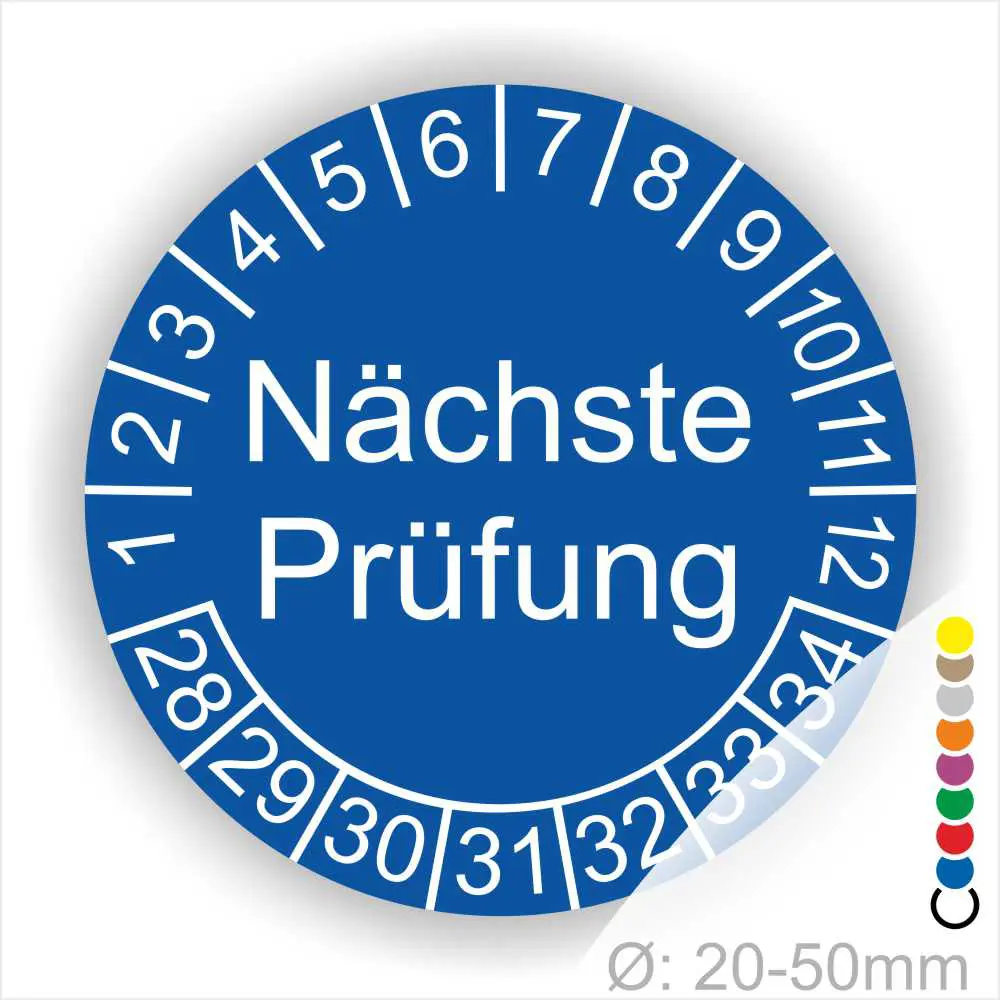 Wartungsaufkleber, Prüfetiketten rund, Farbe- blau, Text "Nächste Prüfung" in weiß. Startjahr- 28, Monatszahlen Oben und Jahreszahlen Unten in Kreisform.