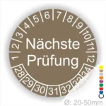 Wartungsaufkleber, Prüfetiketten rund, Farbe- braun, Text "Nächste Prüfung" in weiß. Startjahr- 28, Monatszahlen Oben und Jahreszahlen Unten in Kreisform.