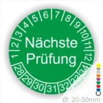 Wartungsaufkleber, Prüfetiketten rund, Farbe- gruen, Text "Nächste Prüfung" in weiß. Startjahr- 28, Monatszahlen Oben und Jahreszahlen Unten in Kreisform.