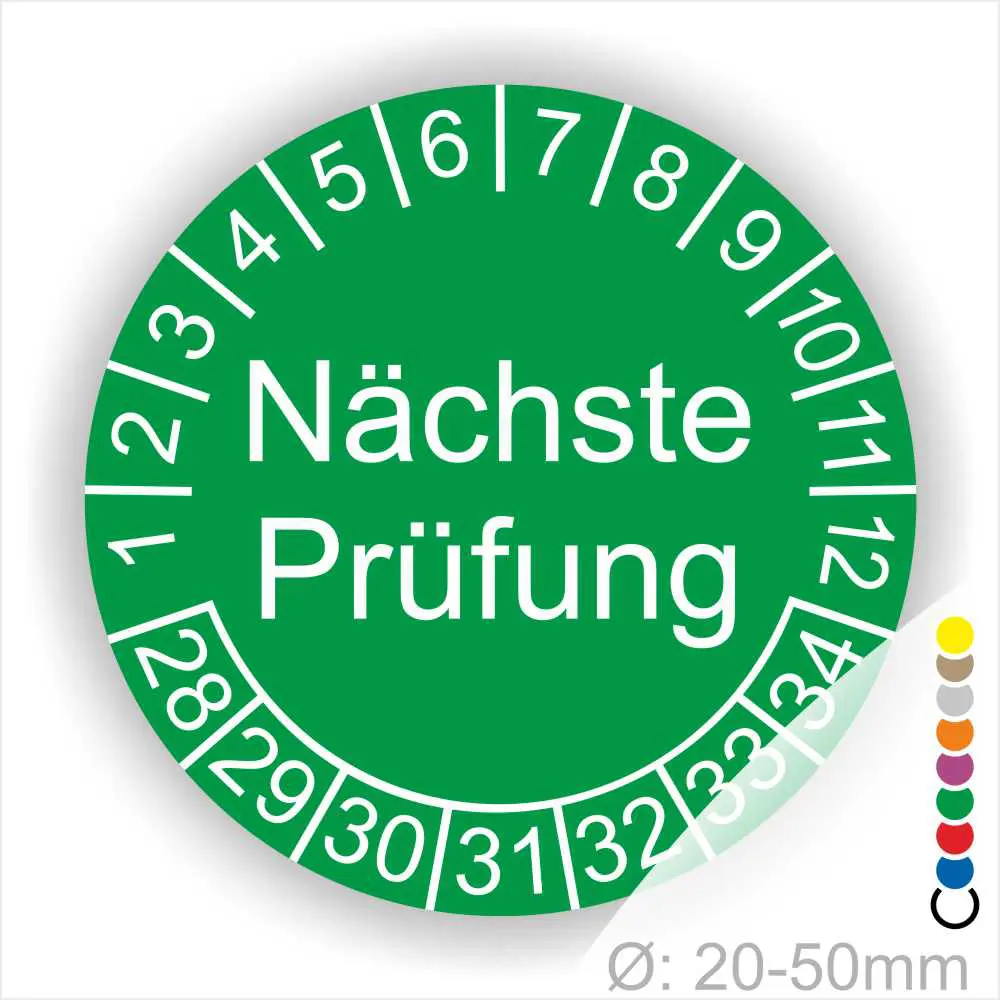 Wartungsaufkleber, Prüfetiketten rund, Farbe- gruen, Text "Nächste Prüfung" in weiß. Startjahr- 28, Monatszahlen Oben und Jahreszahlen Unten in Kreisform.