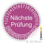 Wartungsetikett, Prüfetiketten rund, Farbe- lila, Text "Nächste Prüfung" in weiß. Startjahr- 28, Monatszahlen Oben und Jahreszahlen Unten in Kreisform.