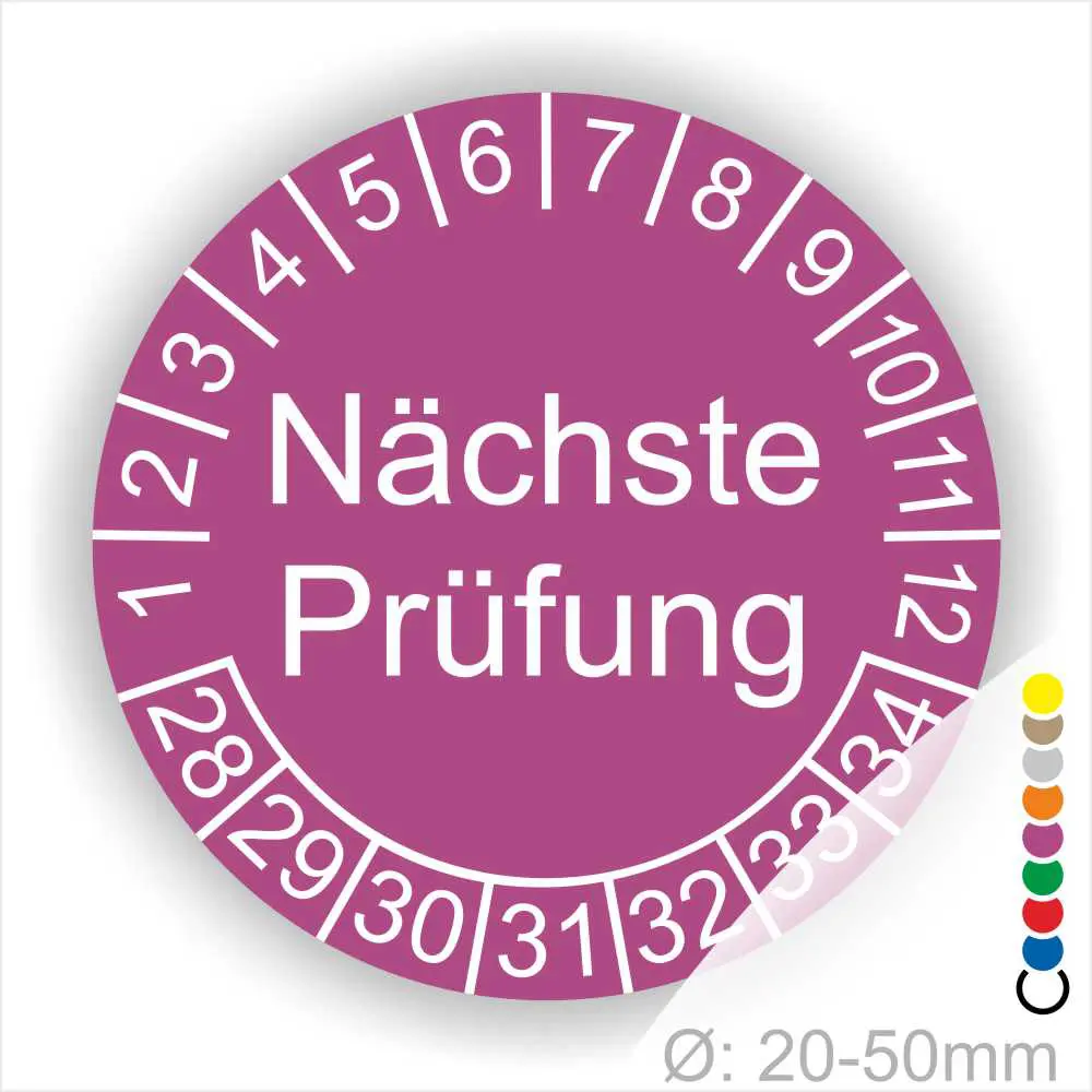 Wartungsetikett, Prüfetiketten rund, Farbe- lila, Text "Nächste Prüfung" in weiß. Startjahr- 28, Monatszahlen Oben und Jahreszahlen Unten in Kreisform.