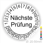 Wartungsplakette, Prüfetiketten rund, Farbe- weiss, Text "Nächste Prüfung" in schwarz. Startjahr- 28, Monatszahlen Oben und Jahreszahlen Unten in Kreisform.