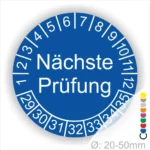Nächste Prüfung Prüfplakette blau mit Monats- und Jahresring, runde Prüfplakette zur Kennzeichnung des nächsten Prüftermins, Durchmesser 20–50 mm
