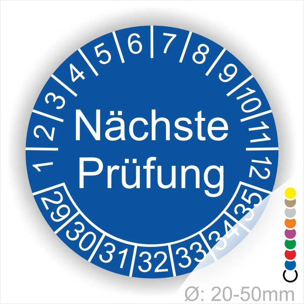 Nächste Prüfung Prüfplakette blau mit Monats- und Jahresring, runde Prüfplakette zur Kennzeichnung des nächsten Prüftermins, Durchmesser 20–50 mm