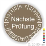 Nächste Prüfung Prüfplakette braun mit Monats- und Jahresring, runde Prüfplakette zur Kennzeichnung des nächsten Prüftermins, Durchmesser 20–50 mm