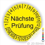 Nächste Prüfung Prüfplakette gelb mit Monats- und Jahresring, runde Prüfplakette zur Kennzeichnung des nächsten Prüftermins, Startjahr 29, Durchmesser 20–50 mm