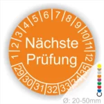 Nächste Prüfung Prüfplakette orange mit Monats- und Jahresring, runde Prüfplakette zur Kennzeichnung des nächsten Prüftermins, Durchmesser 20–50 mm