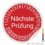 Nächste Prüfung Prüfplakette rot mit Monats- und Jahresring, runde Prüfplakette zur Kennzeichnung des nächsten Prüftermins, Durchmesser 20–50 mm