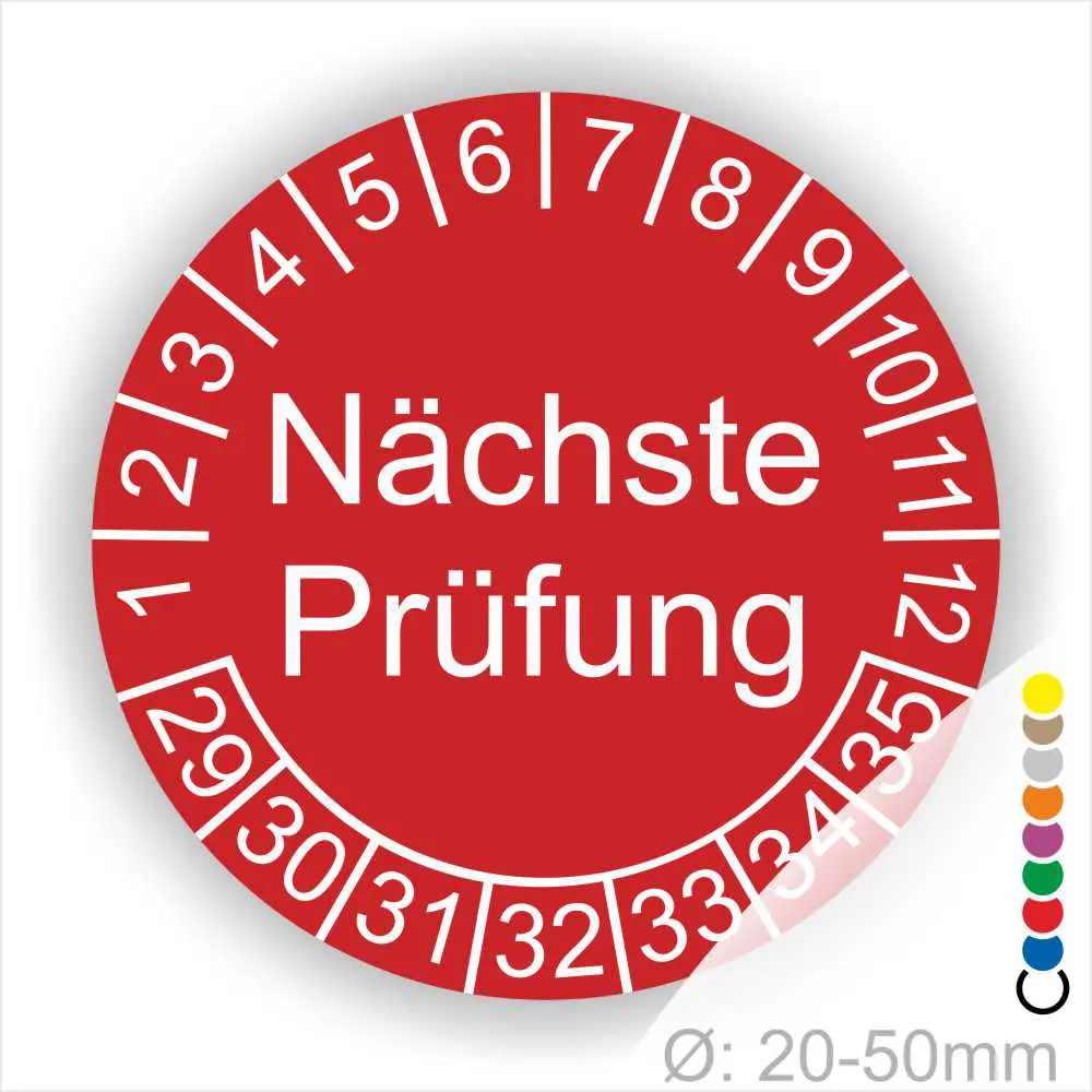 Nächste Prüfung Prüfplakette rot mit Monats- und Jahresring, runde Prüfplakette zur Kennzeichnung des nächsten Prüftermins, Durchmesser 20–50 mm