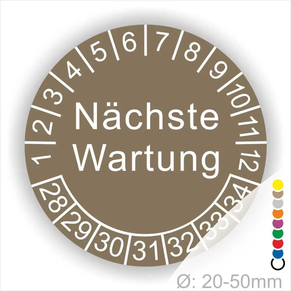 Runder Wartungsaufkleber mit der Aufschrift "Nächste Wartung" und nummerierten Markierungen von 1 bis 34. Geeignet für Geräte mit einem Durchmesser von 20-50 mm.