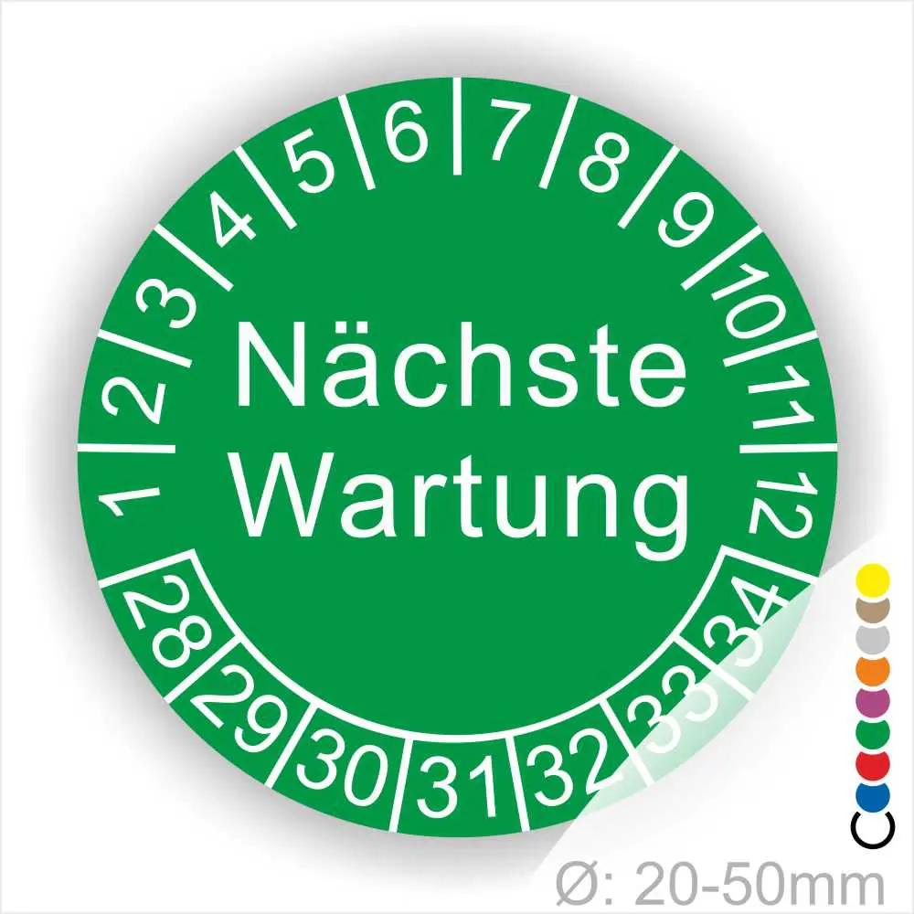 Prüfplaketten, Prüfetiketten rund, Farbe- gruen, Text "Nächste Wartung" in weiß. Startjahr- 28, Monatszahlen Oben und Jahreszahlen Unten in Kreisform.