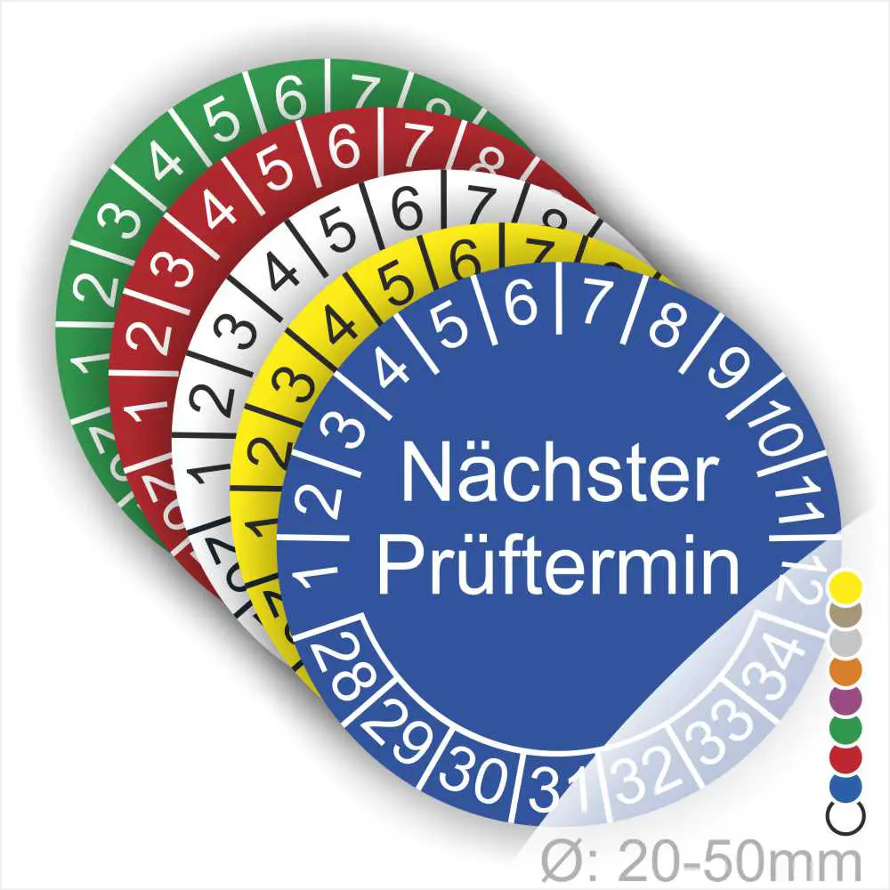 Farbcodierte Prüfplaketten mit dem Hinweis "Nächster Prüftermin" in Blau, umgeben von roten, grünen, gelben und weißen Platten. Ideal zur Kennzeichnung von Prüfintervallen, Durchmesser 20-50 mm.