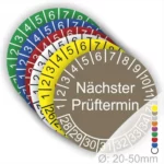 Farbenfrohe Prüfscheiben mit dem Hinweis "Nächster Prüftermin" für Durchmesser 20-50 mm, ideal zur farbcodierten Kennzeichnung von Prüfintervallen.