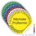 Bunte Prüfmarken mit dem Text "Nächster Prüftermin" in Gelb, umgeben von Zahlen und Farbcodes für verschiedene Prüffristen, geeignet für Durchmesser von 20-50 mm.