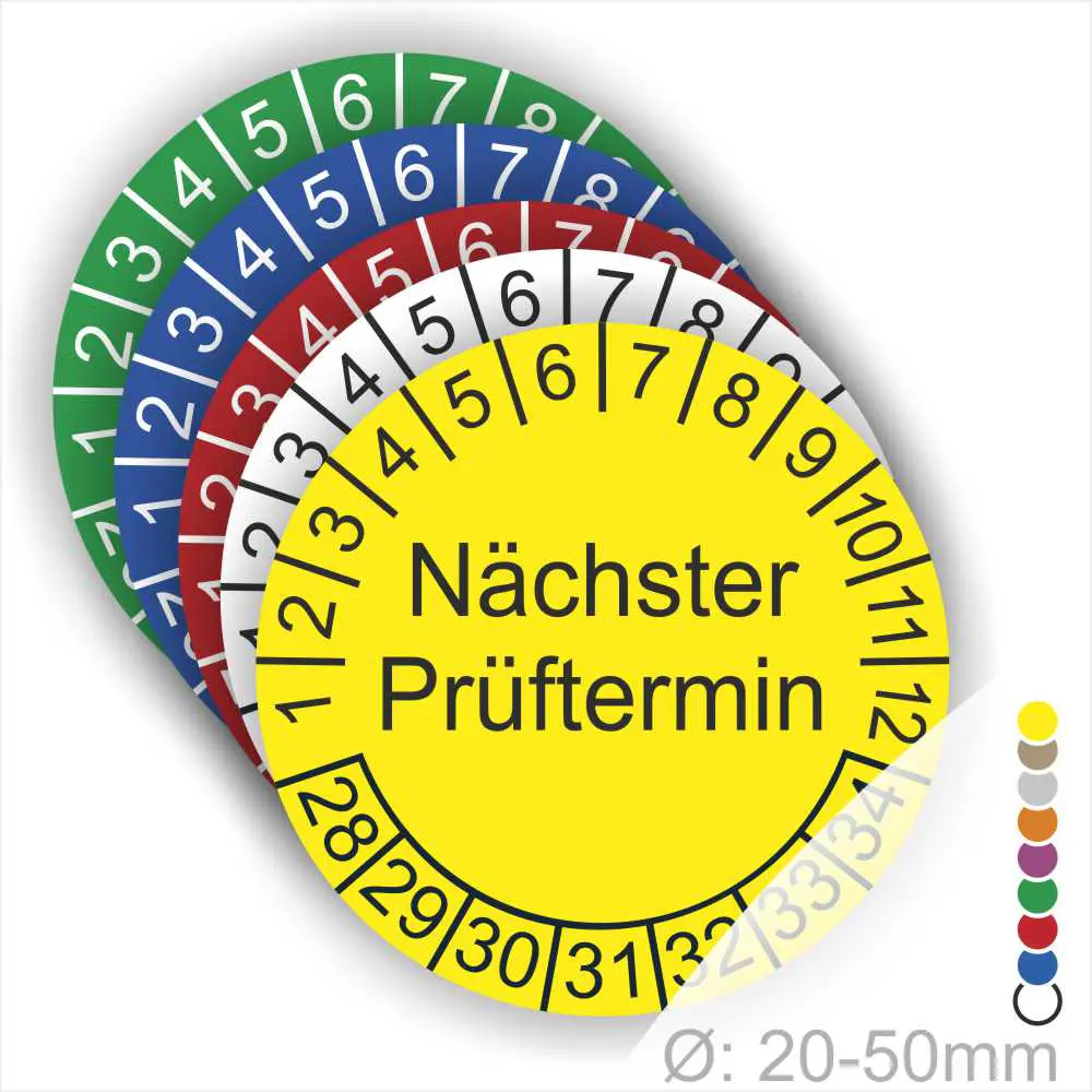 Bunte Prüfmarken mit dem Text "Nächster Prüftermin" in Gelb, umgeben von Zahlen und Farbcodes für verschiedene Prüffristen, geeignet für Durchmesser von 20-50 mm.
