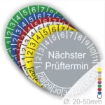 Farbenfrohe Prüfmarken mit dem Text "Nächster Prüftermin", geeignet für Durchmesser von 20-50 mm, zur Kennzeichnung von Prüfintervallen.