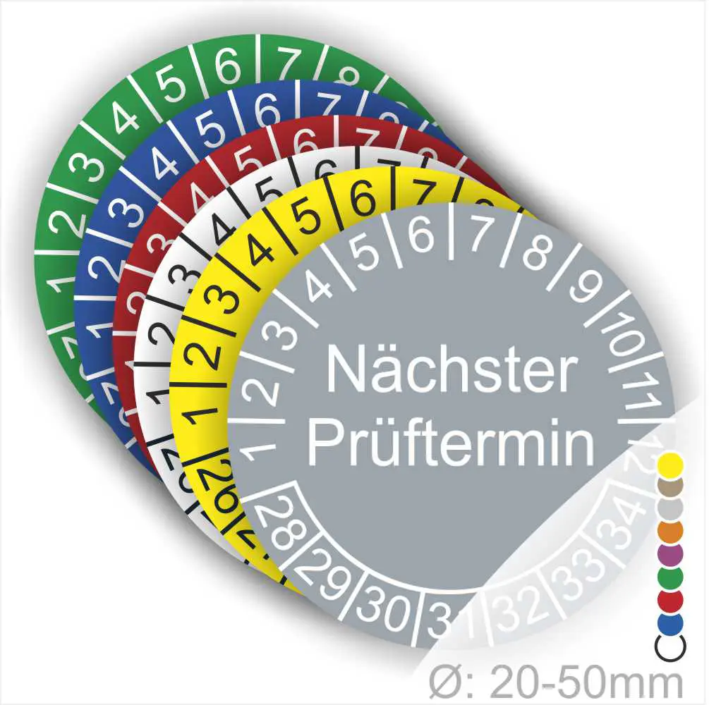 Farbenfrohe Prüfmarken mit dem Text "Nächster Prüftermin", geeignet für Durchmesser von 20-50 mm, zur Kennzeichnung von Prüfintervallen.