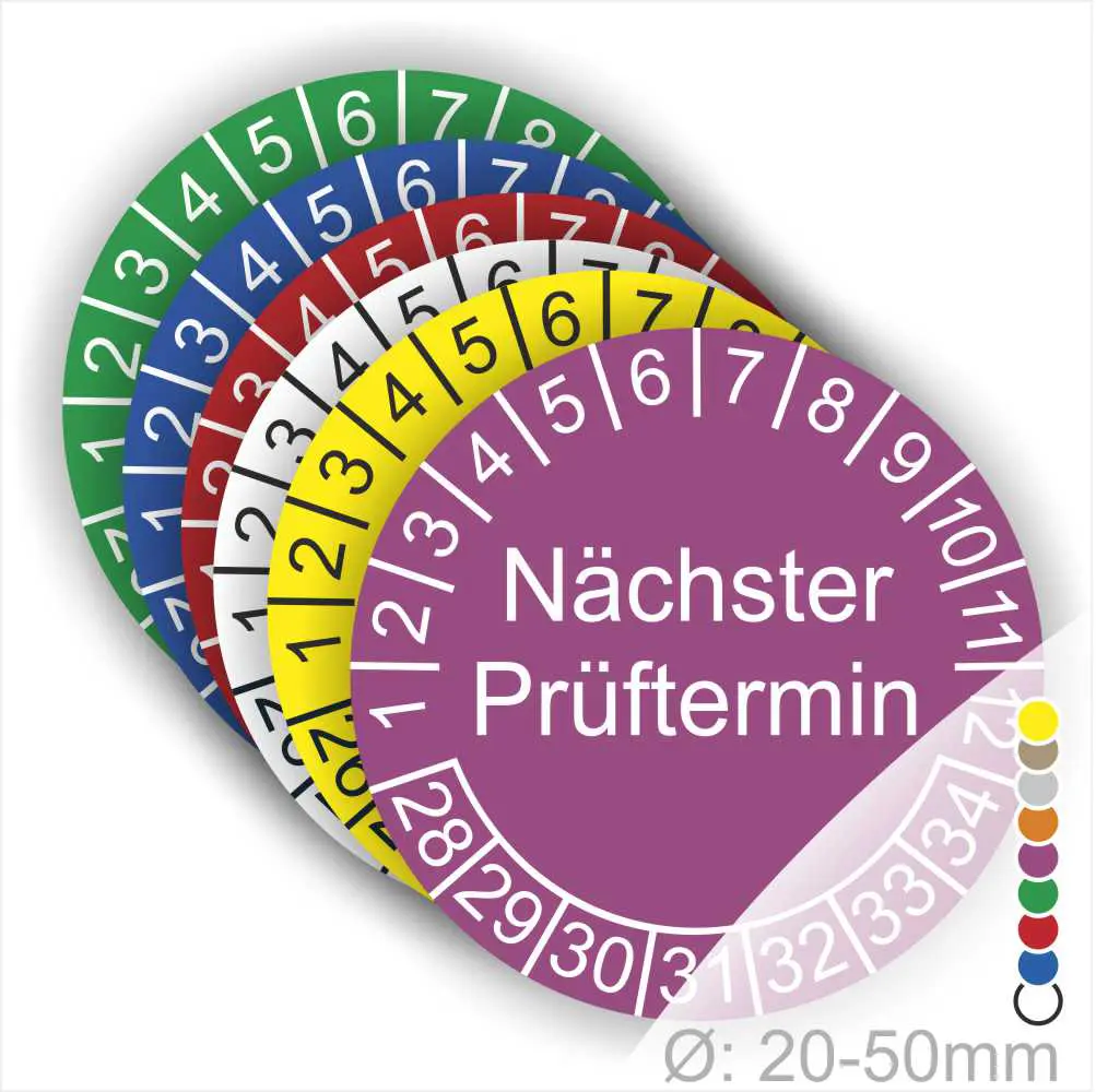 Bunte Prüfplaketten mit der Aufschrift „Nächster Prüftermin“ in lila, umgeben von farbigen Ziffern und einem Durchmesser von 20-50 mm. Ideal für die Kennzeichnung von Prüfterminen.
