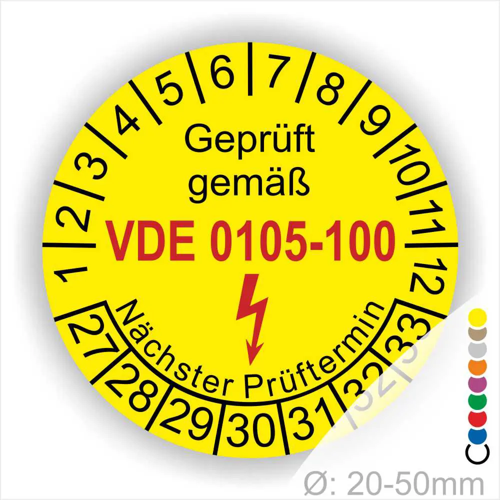 Runde gelbe Prüfplakette „Geprüft gemäß DIN VDE 0105-100“ mit Monatsring und Jahresring, Blitzsymbol und Aufdruck „Nächster Prüftermin“, Ø 20–50 mm