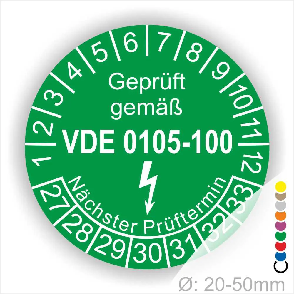 Grünes Prüfetikett gemäß VDE 0105-100, das den nächsten Prüftermin anzeigt. Durchmesser von 20-50 mm, enthält die Prüfziffern 1 bis 12 und 27 bis 33.