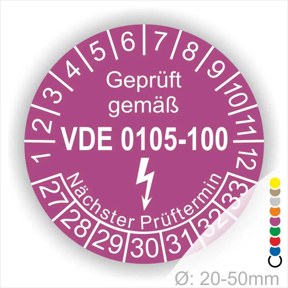 Prüfzertifikat gemäß VDE 0105-100, lila Prüfplakette mit nächstem Prüftermin und Zahlen von 1 bis 12 sowie 27 bis 33, für elektrische Geräte im Durchmesser von 20-50 mm.