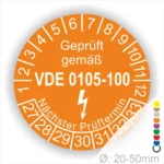 Prüfsiegel gemäß VDE 0105-100 mit Angaben zum nächsten Prüftermin, geeignet für Geräte mit einem Durchmesser von 20-50 mm.