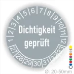 Dichtigkeit geprüft Prüfplakette grau mit Monats- und Jahresring mit Zahlen 27-33 runde Prüfplakette zur Kennzeichnung geprüfter Dichtheit, Durchmesser 20–50 mm