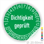 Dichtigkeit geprüft Prüfplakette gruen mit Monats- und Jahresring mit Zahlen 27-33 runde Prüfplakette zur Kennzeichnung geprüfter Dichtheit, Durchmesser 20–50 mm